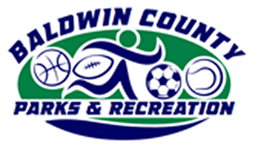 Logo for Baldwin County Parks & Recreation with stylized icons: basketball, football, runner, soccer ball, and baseball on green and blue background.